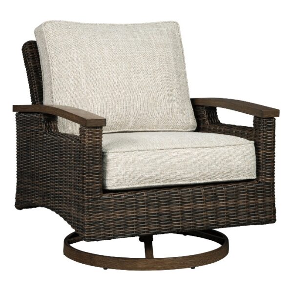 The Paradise Trail Grouping (3 pc) features cushioned outdoor swivel chairs with dark brown wicker frames, curved wooden armrests, light beige seat and back cushions, all resting on circular metal bases.