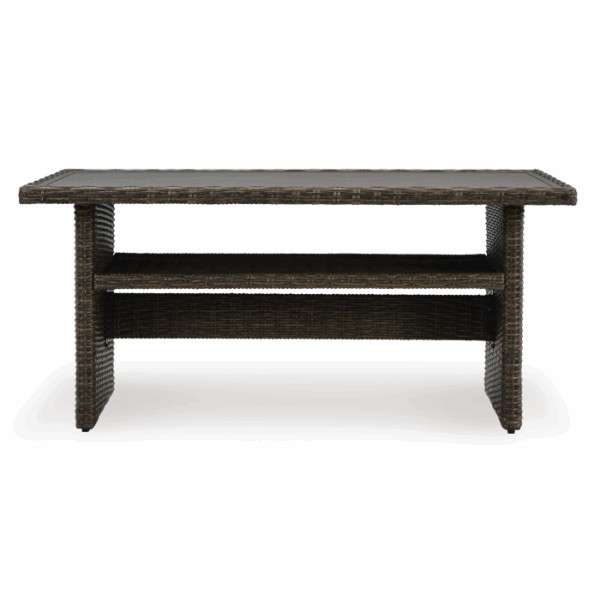 The Brook Ranch Grouping 4-Piece features a rectangular dark brown wicker table with a flat top, a lower shelf, and sturdy woven legs, displayed on a white background.
