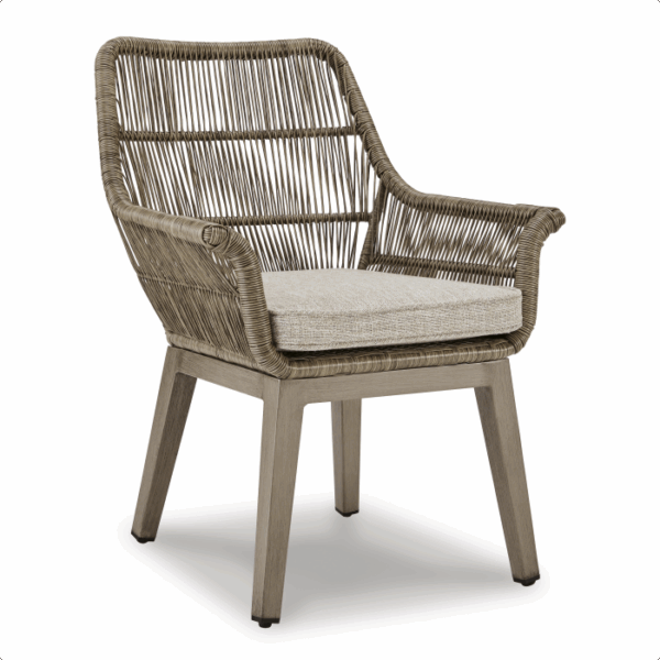 The Beach Front Wicker Set 7 piece features a modern design with woven rattan accents, a light brown wood frame, and light beige cushions, blending natural rustic elements with contemporary style.