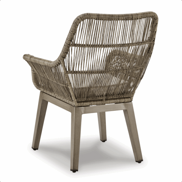 The Beach Front Wicker Set 7 piece features a modern armchair with a wooden frame and woven rattan back and seat, shown from a rear side angle on a white background.