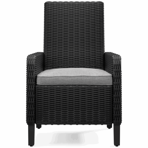 Front view of the Beachcroft Dining Set Black 6 piece armchair with a high back, straight armrests, light gray seat cushion, and four black legs, set against a plain white background.