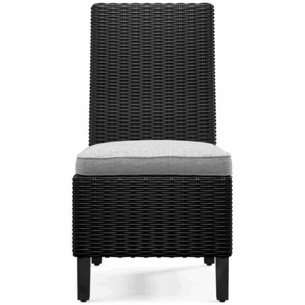 Front view of the Beachcroft Dining Set Black 6 piece, featuring a black wicker high-back chair with a light gray cushioned seat, set against a white background.
