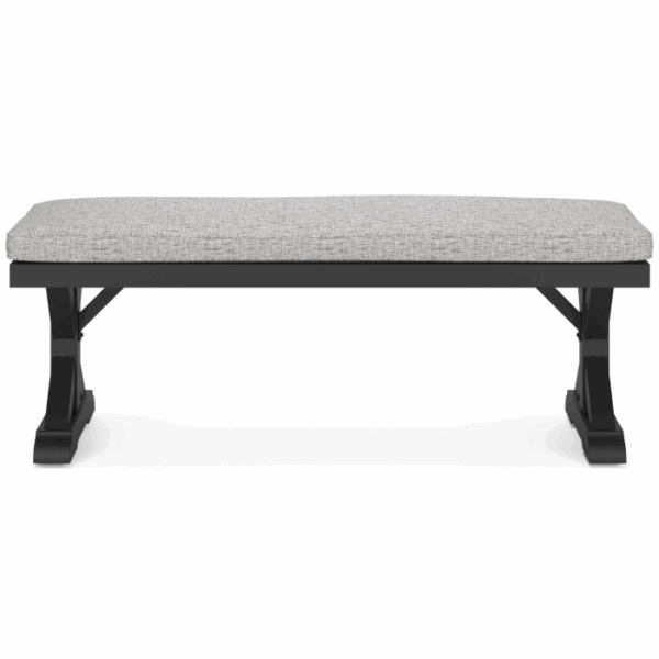 The Beachcroft Dining Set Black 6 piece features a rectangular bench with a cushioned light gray fabric seat and black wooden legs, shown from the front against a white background.