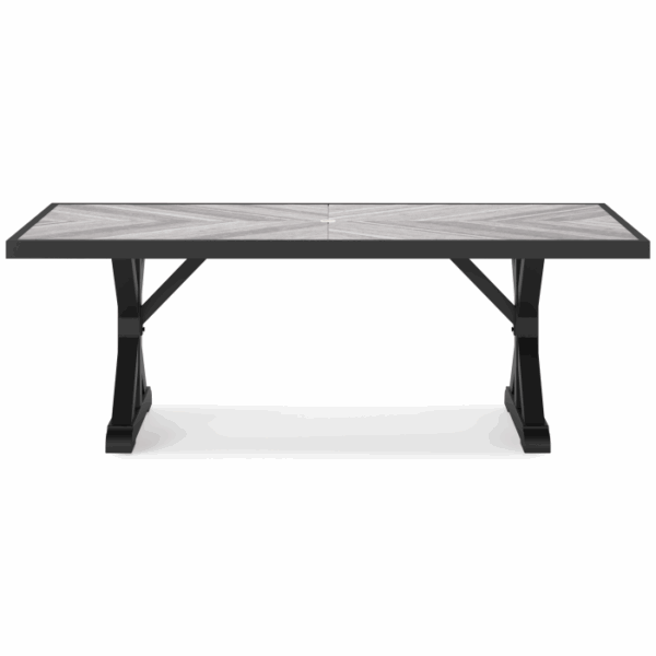The Beachcroft Dining Set Black 6 piece includes a rectangular dining table with a light wood chevron-patterned top and black trestle base, displayed from the front against a white background.
