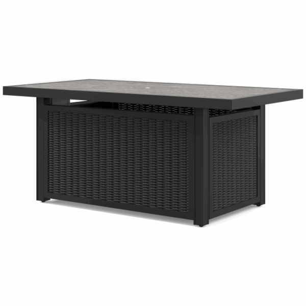 The Beachcroft Deep Seating Firepit Set Black 5 piece features a rectangular outdoor table with a dark metal frame, woven wicker paneling on the sides, and a smooth light-colored tabletop, displayed against a plain white background.
