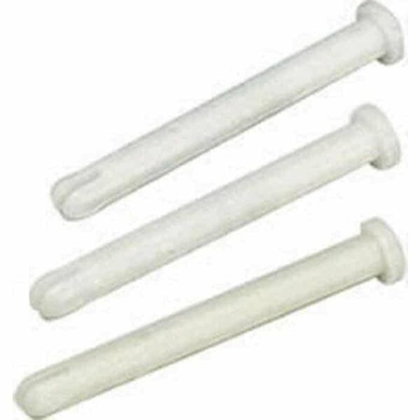Three Vac Head Replacement Lock Pins, featuring a round flat head and cylindrical body, are arranged diagonally on a white background. These white plastic pins are typically used for securing screws in walls.