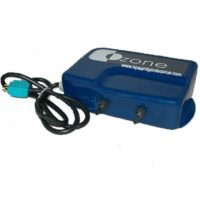 The CD Ozonator 240V-Premium is a blue electronic device labeled ozone with a power cord and two nozzle connectors, designed for spa or pool maintenance.