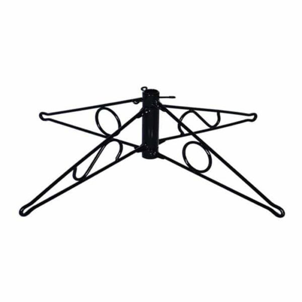The Folding Christmas Tree Stand - X-Large (39) features a black metal build with four outward-extending legs and decorative circular loops, designed to securely hold and stabilize your Christmas tree upright.