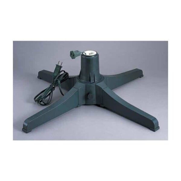 The Rotating Tree Stand-Green is a green plastic electric stand with four wide legs and a power cord, shown on a plain gray background.
