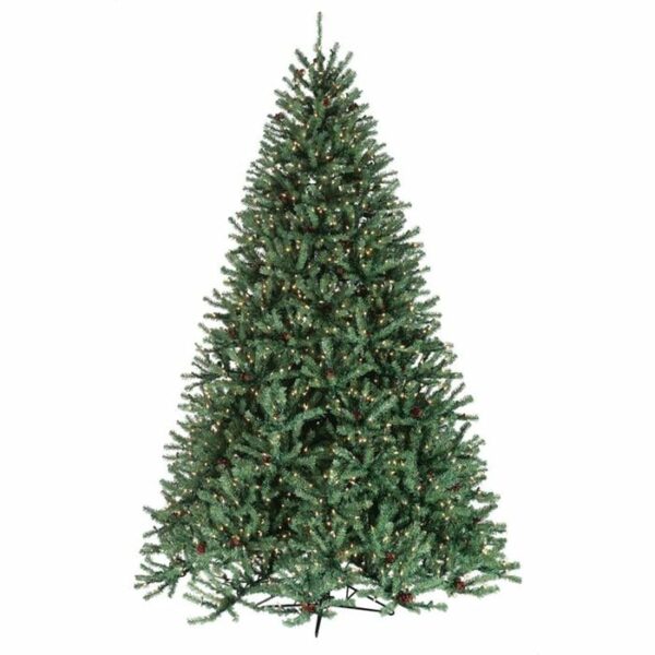 A 4.5 Jackson Pine artificial Christmas tree with pine cones, berries, and StayLit clear lights stands upright on a metal stand against a plain white background.
