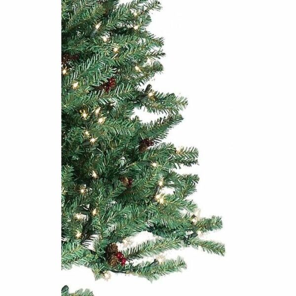 A close-up of the 4.5 Jackson Pine with pine cones, berries, and StayLit clear lights features green branches against a white background.