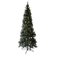 The 7.5 Pencil Pine Blue (M) is a tall artificial Christmas tree with green branches and small colorful lights, standing on a black metal stand against a white background.