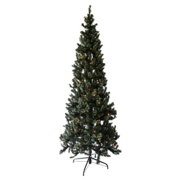 The 7.5 Pencil Pine Blue (M) is a tall artificial Christmas tree with green branches and small colorful lights, standing on a black metal stand against a white background.