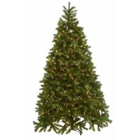 The 12 White Fir (M-SL) is a full, artificial Christmas tree with evenly spaced warm white lights on a sturdy metal base, displayed against a plain white background.