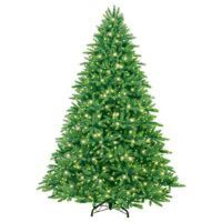 The 6.5 Rocky Mountain Pine (M) is a full, artificial green Christmas tree with evenly spaced warm white lights, set on a black metal stand against a plain white background.