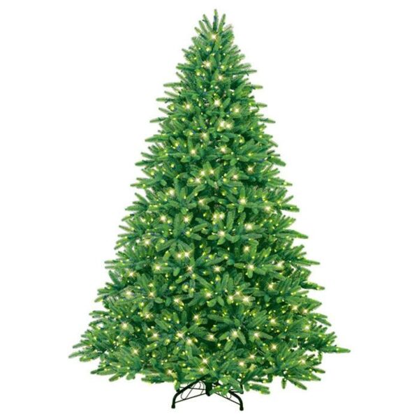 The 6.5 Rocky Mountain Pine (M) is a full, artificial green Christmas tree with evenly spaced warm white lights, set on a black metal stand against a plain white background.