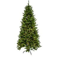 The 7.5 Oregon Pine (LED) is a tall artificial green Christmas tree with evenly spaced branches and built-in small white LED lights, standing on a black metal stand against a plain white background.
