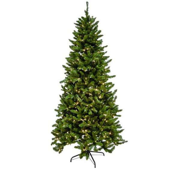 The 7.5 Oregon Pine (LED) is a tall artificial green Christmas tree with evenly spaced branches and built-in small white LED lights, standing on a black metal stand against a plain white background.