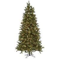 The 7.5 Norway Pine (LED) is a decorated artificial Christmas tree featuring green branches and warm white LED lights, standing on a metal stand against a white background.