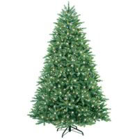 The 7.5 Rocky Mtn Pine Blue (LED) is a green artificial Christmas tree with numerous small white LED lights, set on a black metal stand against a plain white background.