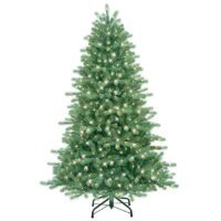 The 7.5 Douglas Fir (M) is a green artificial Christmas tree with warm white lights evenly distributed, set on a black metal stand against a plain white background.