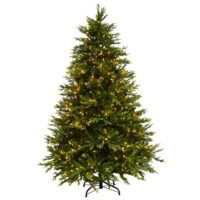 A 7.5 Scots Pine (M) artificial Christmas tree with warm white string lights is displayed on a black metal stand against a plain white background.