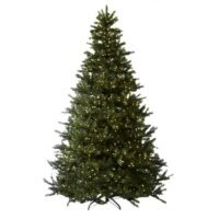 The 7.5 Sierra Pine (C) is a full, green artificial Christmas tree with warm white string lights and a metal stand, displayed against a plain white background.