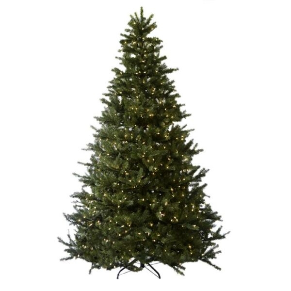 The 7.5 Sierra Pine (C) is a full, green artificial Christmas tree with warm white string lights and a metal stand, displayed against a plain white background.