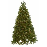 The 9 White Fir (M) is a green artificial Christmas tree with evenly spaced warm white lights, displayed on a sturdy metal stand against a plain white background.