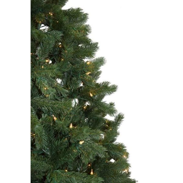 Close-up of a 10 White Fir artificial Christmas tree with color changing LED lights on its branches, set against a plain white background.