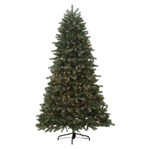 The 7.5 Cedar Spruce with Clear Lights is a tall artificial Christmas tree featuring dense green branches, pre-lit with clear lights, and set on a black metal stand against a white background.