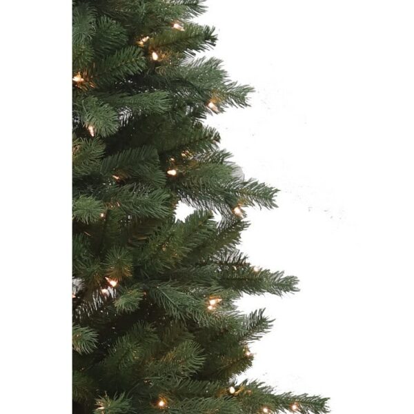 Close-up of the left side of a 7.5 Cedar Spruce Christmas tree with green branches and clear lights, set against a plain white background.