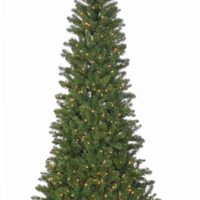 The 7.5 Oregon Fir Slim (C) is a tall, artificial Christmas tree with green branches and small white lights, displayed on a metal stand against a plain white background.