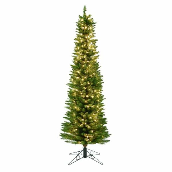 The 5 Whippet Pine with Clear Lights is a tall, slender artificial Christmas tree featuring green branches and warm white lights, set on a metal base against a plain white background.