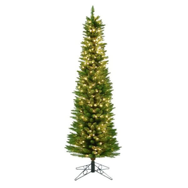 The 9 Whippet Pine with Clear Lights is a tall, slim artificial Christmas tree featuring green branches, pre-lit with clear lights, and set on a black metal stand against a white background.