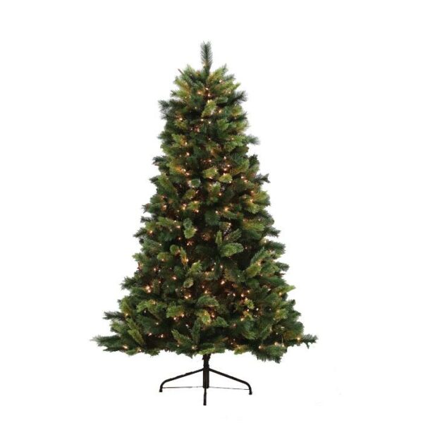 A 6 Santa Fe Pine (C) artificial Christmas tree with small white lights stands on a metal base against a plain white background.