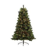 The 7 Santa Fe Pine with Clear Lights is a green artificial Christmas tree on a black metal stand, displayed against a plain white background.