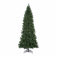 The 6.5 Pencil Pine Green Clear Lights tree stands tall on a metal stand against a white background. Its dense, green branches are undecorated, showcasing an artificial Christmas tree perfect for any setting.