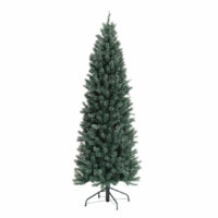 The 7.5 Pencil Pine Blue LED Clear is a tall artificial Christmas tree with dense green branches, featuring built-in blue LED lights and standing on a sturdy metal stand against a plain white background.