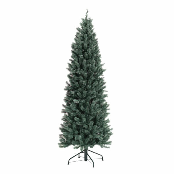 The 7.5 Pencil Pine Blue LED Clear is a tall artificial Christmas tree with dense green branches, featuring built-in blue LED lights and standing on a sturdy metal stand against a plain white background.