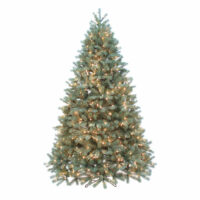 The 7.5 Douglas Fir LED Clear is a full artificial Christmas tree with green branches, pre-lit with clear LEDs, and set on a metal stand against a white background.