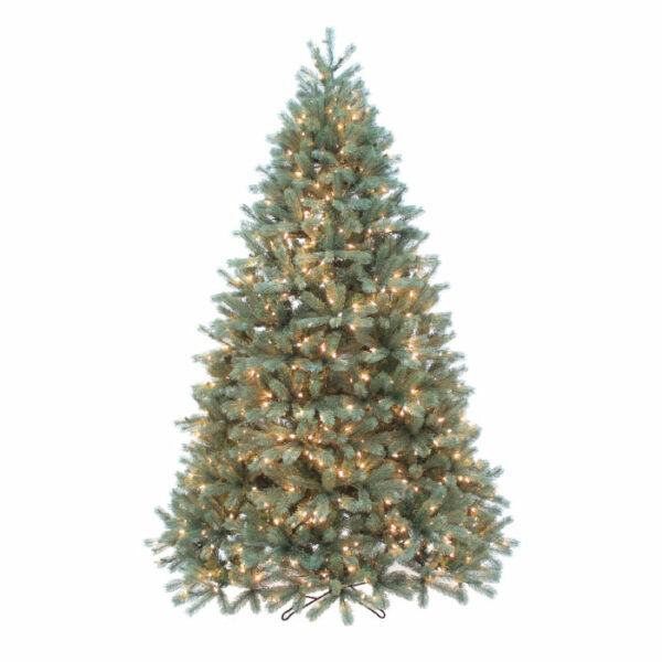The 7.5 Douglas Fir LED Clear is a full artificial Christmas tree with green branches, pre-lit with clear LEDs, and set on a metal stand against a white background.