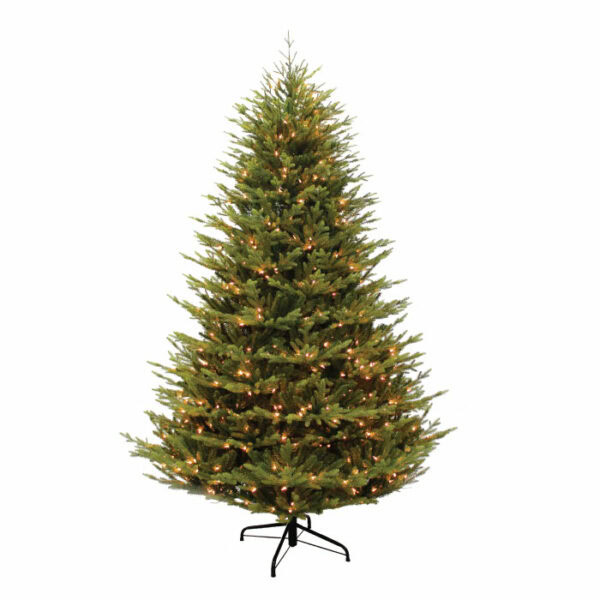 A 7.5 Scots Pine LED Clear Christmas tree with green branches and warm white lights stands on a black metal stand against a plain white background.