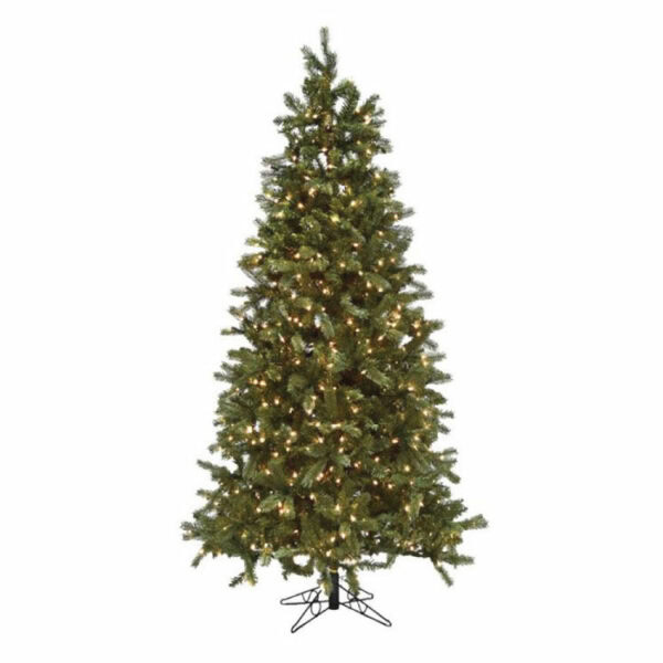 The 7.5 Norway Pine LED Clear is a decorated artificial Christmas tree with green branches and warm white LED lights, set on a metal stand against a white background.