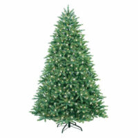 The 7.5 Rocky Mountain Pine Blue LED Clear artificial green Christmas tree stands on a black metal base, adorned with numerous small clear LED lights, set against a plain white background.