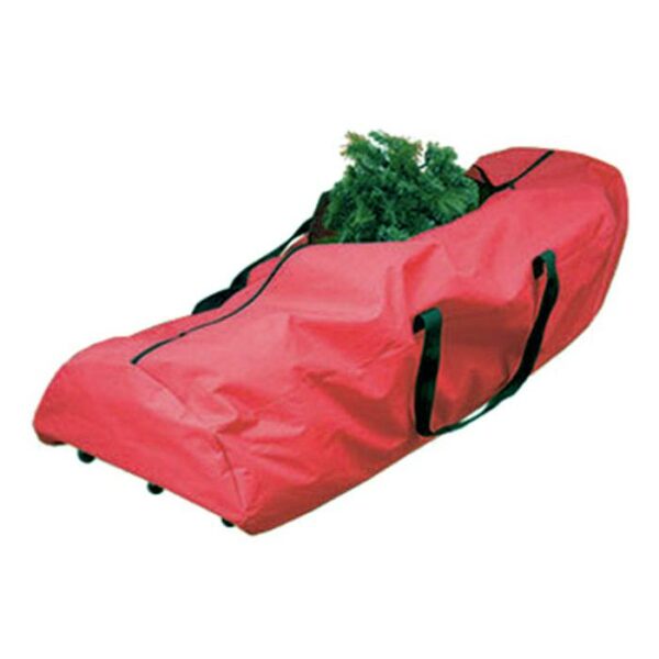 A partially open Rolling Tree Bag 9FT with black handles and a zipper shows artificial Christmas tree branches inside.