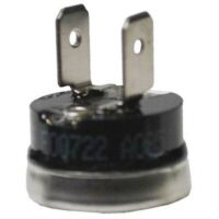 A close-up of the HIGH-LIMIT DISC HORIZ 135F, a small, round black electronic component with two metal prongs extending upwards, set against a white background.
