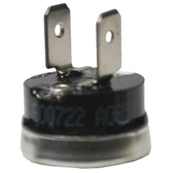 A close-up of the HIGH-LIMIT DISC HORIZ 135F, a small, round black electronic component with two metal prongs extending upwards, set against a white background.