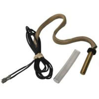 A TEMPERATURE SENSOR/THERMISTOR featuring a metal heating element, flexible braided wire, black cord with connector, and a clear cylindrical plastic sleeve beside it.