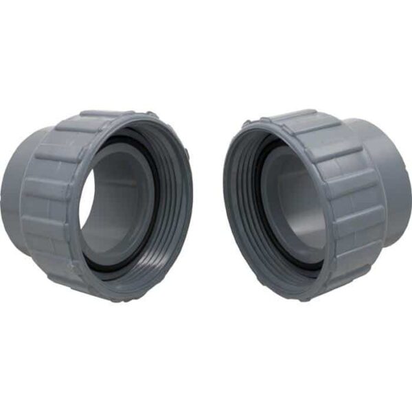 Two Raypak Heater Flange Kits, 2 PVC with Nut (006723F), positioned facing each other against a plain white background.